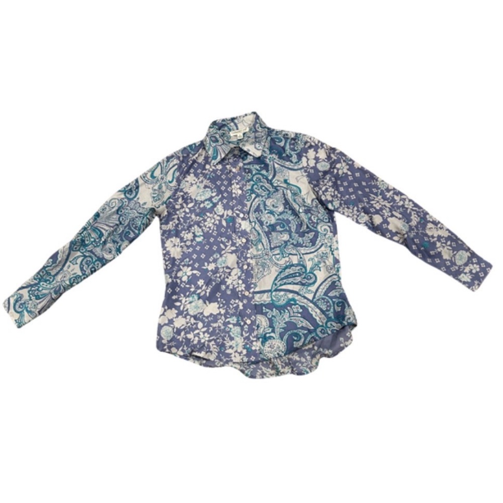 Coldwater Creek Silk Paisley Floral Print Button Down Shirt | Blue/Multi | Small
